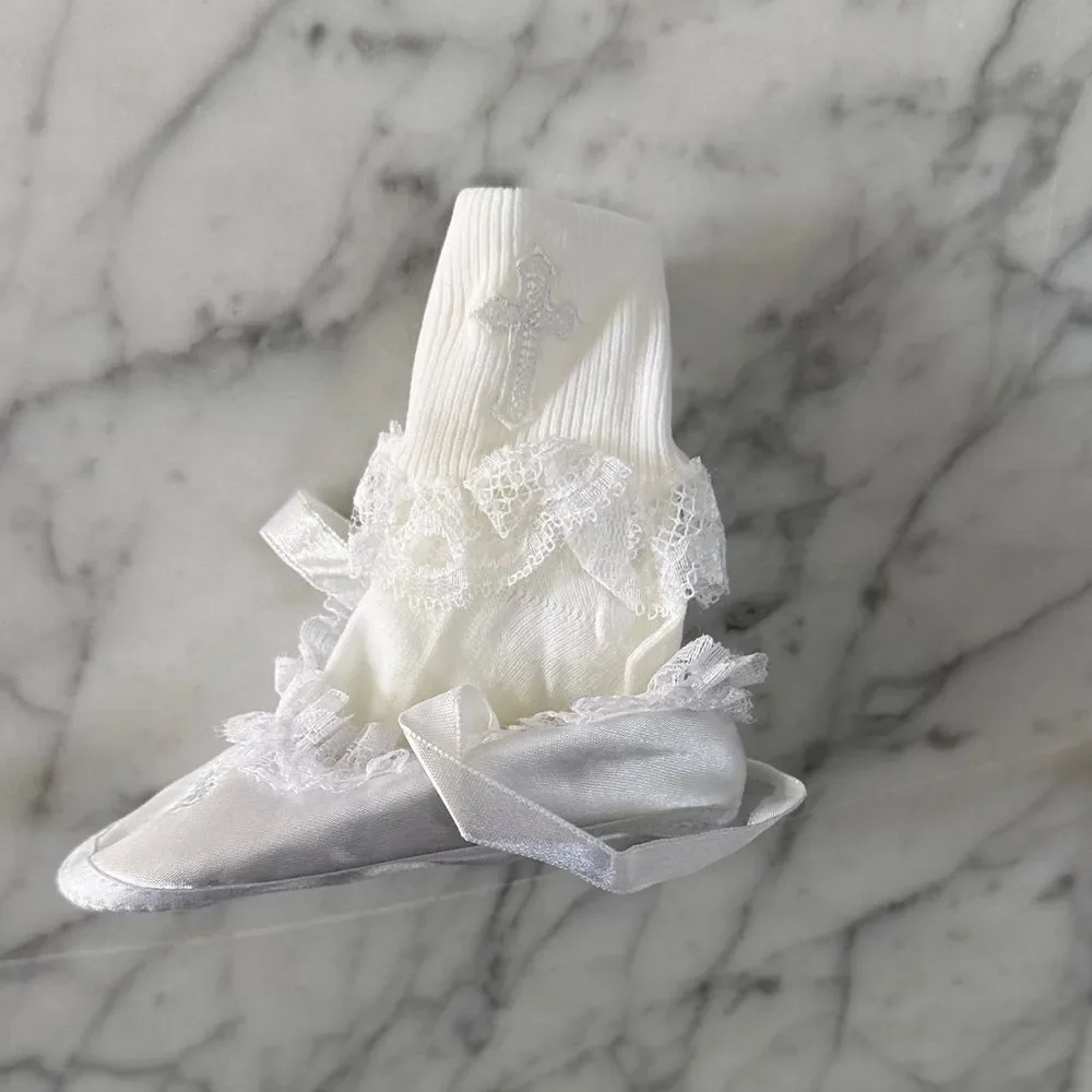 White Lace Baby Shoes Ruffle Socks Set Christening Baptism 6-9Mo